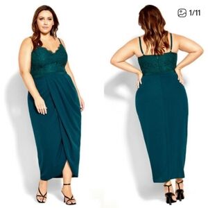 City Chic Emerald Lace Boned Bodice Draped Skirt Maxi Dress 20